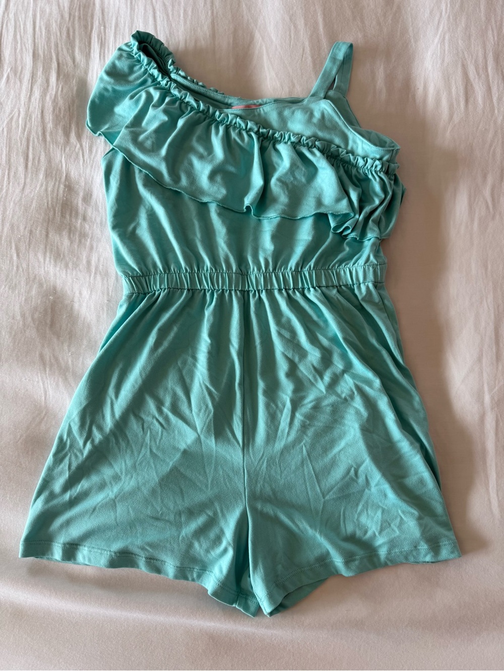 BCBG Girls' Aqua One-Shoulder Ruffle Romper, Size M